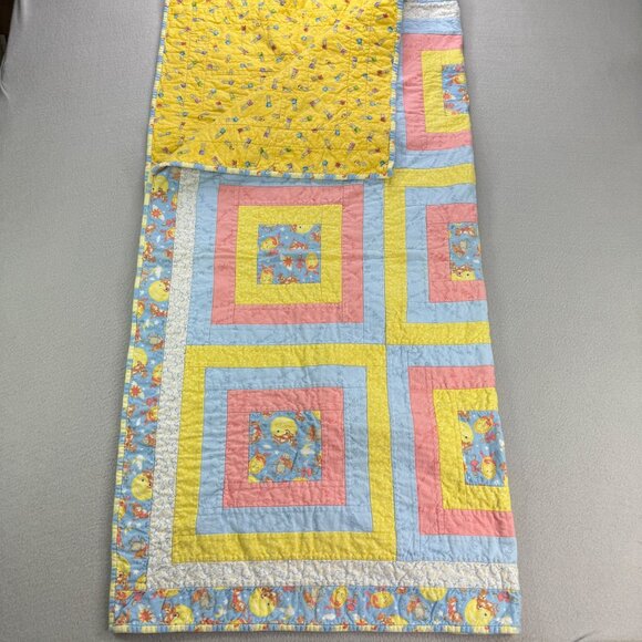 Vintage Handmade Baby Blanket Patchwork Quilt Nursery Rhymes Safety Pin Fabric - Picture 2 of 9